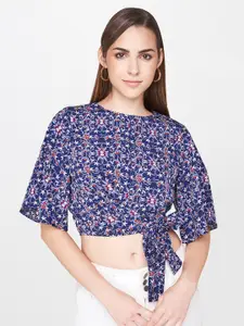 AND Navy Blue Floral Print Blouson Crop Top