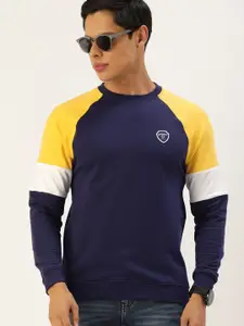 PETER ENGLAND UNIVERSITY Men Navy Blue & Mustard Yellow Solid Sweatshirt