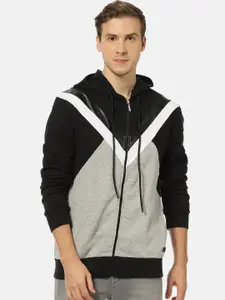 Campus Sutra Men Black & Grey Colourblocked Hooded Sweatshirt