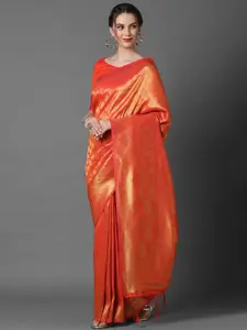 Mitera Peach-Coloured & Gold-Toned Woven Design Silk Blend Banarasi Saree