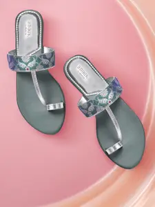Anouk Women Green & Silver-Toned Woven Design One Toe Flats