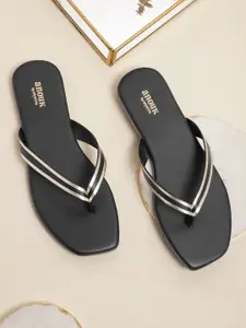 Anouk Women Gold-Toned & Black Striped Open Toe Flats