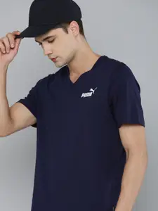 Puma Men Navy Blue V-Neck Essentials Pure Cotton T-shirt