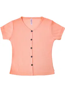 Hunny Bunny Peach-Coloured V-Neck Front Show Button Regular Top