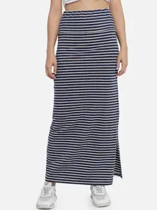 Trend Arrest Women Navy Blue & White Striped Pure Cotton Straight Maxi Skirt