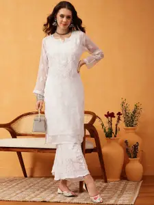 ADA Women Plus Size White Chikankari Hand Embroidered  Sheer Handloom Kurta with Inner