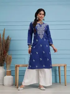 ADA Women Plus Size Blue & White Chikankari Hand Embroidered Sustainable Straight Kurta