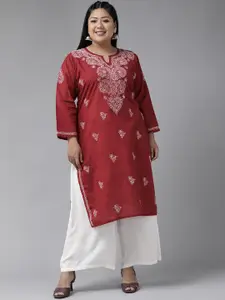 ADA Women Plus Size Maroon & White Ethnic Motifs Pure Cotton Chikankari Embroidered Kurta