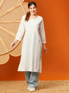 ADA Women Plus Size White Chikankari Embroidered  Kurta