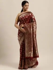 Sugathari Maroon & Gold-Toned Woven Design Mysore Silk Saree