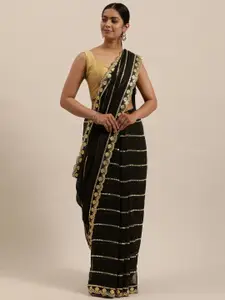 Sugathari Black & Gold-Toned Sequinned Jamdani Saree