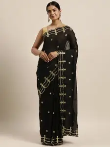 Sugathari Black & Gold-Toned Embellished Sequinned Silk Blend Heavy Work Jamdani Saree