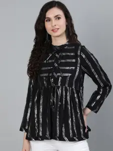 Ishin Women Black & Silver-Toned Striped Shimmer A-Line Top