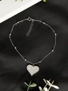 GIVA 925 Silver-Toned Rhodium-Plated White CZ-Studded Heart-Shaped Anklet
