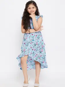 Stylo Bug Girls Blue and Pink Floral Crepe A-Line Midi Tulip Dress