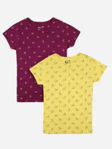 PROTEENS Girls Yellow & Maroon Pack of 2 Printed Slim Fit T-shirt