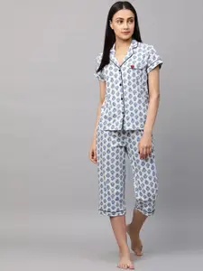 Chemistry Women White & Blue Printed Night Suit