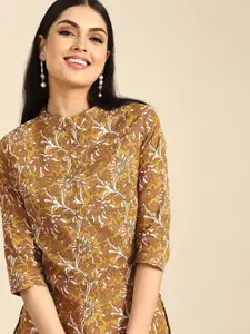 Anouk Women Olive Green & Mustard Yellow Pure Cotton Ethnic Motifs Printed Kurta