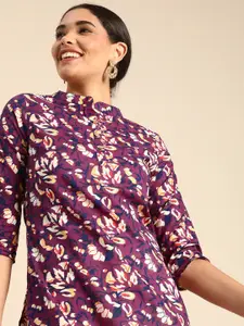 Anouk Women Magenta Floral Printed Mandarin-Collar Pure Cotton Straight Kurta