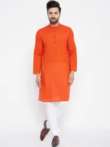 even Men Orange Dobby Woven Design Kurta