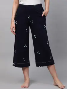 Chemistry Women Navy Blue & White Embroidered Pure Cotton Wide Leg Lounge Pants