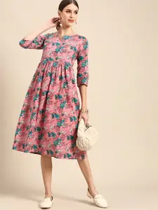 Anouk Women Pink & Blue Ethnic Motifs Print Pure Cotton A-Line Midi Dress