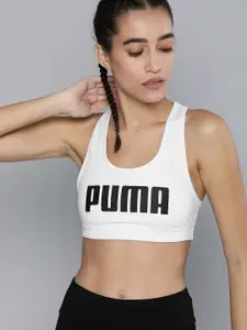 Puma Women White & Black Brand Logo Print Mid Impact 4Keeps Sustainable Training Bra
