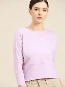 ether Women Lavender Solid Drop-Shoulder Sleeves T-shirt