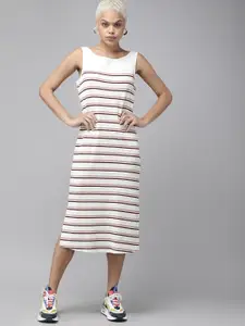 Roadster White & Maroon Striped Ribbed Sheath Midi Dress With Side Slits