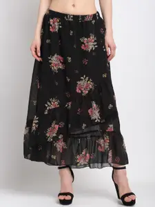 KLOTTHE Women Black & Pink Floral Printed Flared Maxi Skirt
