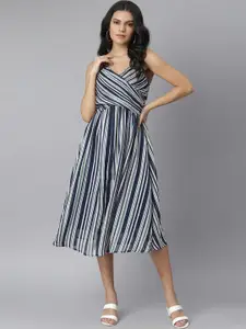 KASSUALLY Women Blue & White Striped Georgette Empire Midi Dress