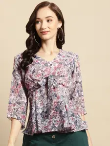 WoowZerz Navy Blue & Pink Floral Print Tie-ups Pleated A-Line Top