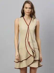 RAREISM Women Beige Solid A-Line Mini Dress With Ruffles