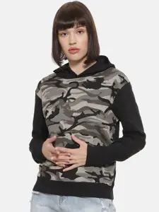 Campus Sutra Women Black Hooded Camouflage Sweatshirt
