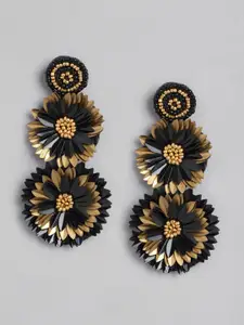 Blueberry Black Gold-Plated Beaded Handcrafted Floral Shaped Drop Earrings
