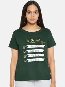 People Women Pure Cotton Green Printed Pure Cotton T-shirt