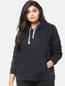 Instafab Plus Women Black Solid Hooded Pullover Sweatshirt