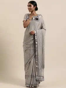 Kvsfab Grey & Black Floral Embroidered Silk Blend Zari With Patch Work Saree