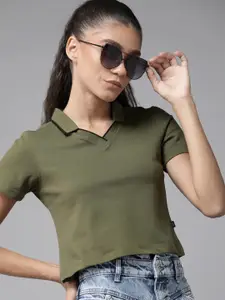 Roadster Olive Green Solid Spread Collar Cropped Top