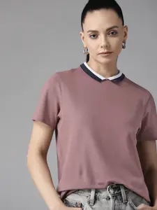 Roadster Mauve Solid Contrast Tipping Peter Pan Collar Top