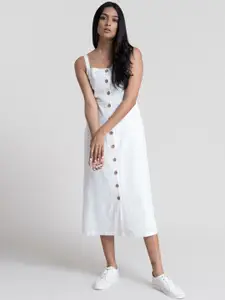 FableStreet Women Cotton White Solid Button-Down A-Line Midi Dress