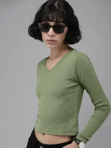 Roadster Olive Green Ribbed Crop Top