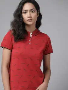 Roadster Women Red Typography Printed Polo Collar T-shirt