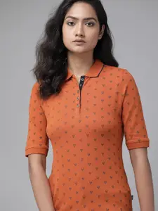Roadster Women Rust Orange & Blue Geometric Printed Polo Collar T-shirt