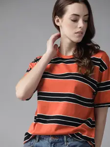 Roadster Women Rust Orange & Black Striped Pure Cotton Drop Shoulder T-shirt