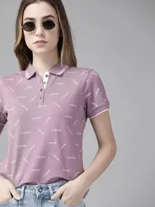 Roadster Women Lavender & White Typography Printed Polo Collar T-shirt