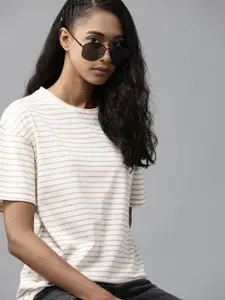 Roadster Women Off White & Brown Striped Pure Cotton Relaxed Yarn Dyed T-shirt