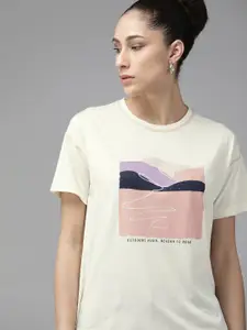 Roadster Women Cream-Coloured & Peach-Coloured Printed Pure Cotton T-Shirt