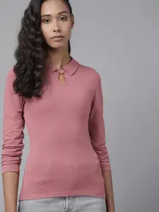 Roadster Women Dusty Pink Polo Collar T-shirt