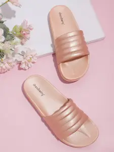 DressBerry Women Rose Gold-Toned Quilted Sliders